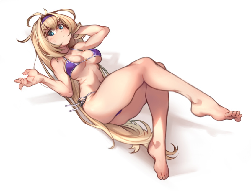 1girl absurdres barefoot bikini blonde_hair blue_eyes blush breasts commission full_body granblue_fantasy hair_intakes hairband hand_in_hair highres invisible_chair jeanne_d'arc_(granblue_fantasy) kelvin_hiu leg_up long_hair looking_at_viewer medium_breasts messy_hair navel o-ring o-ring_bikini purple_bikini purple_hairband reclining revision side-tie_bikini sitting solo sweatdrop swimsuit thick_thighs thighs toes under_boob very_long_hair