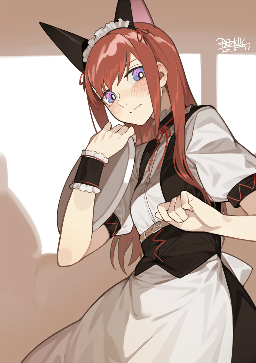 1girl absurdres animal_ears apron bangs belt belt_buckle blue_eyes blush breasts brown_hair buckle cat_ears closed_mouth corset dated eyebrows_behind_hair frills highres holding holding_plate long_hair looking_at_viewer maid maid_apron maid_headdress makise_kurisu neck_ribbon plate red_ribbon ribbon seyana small_breasts solo standing steins;gate waitress wrist_cuffs