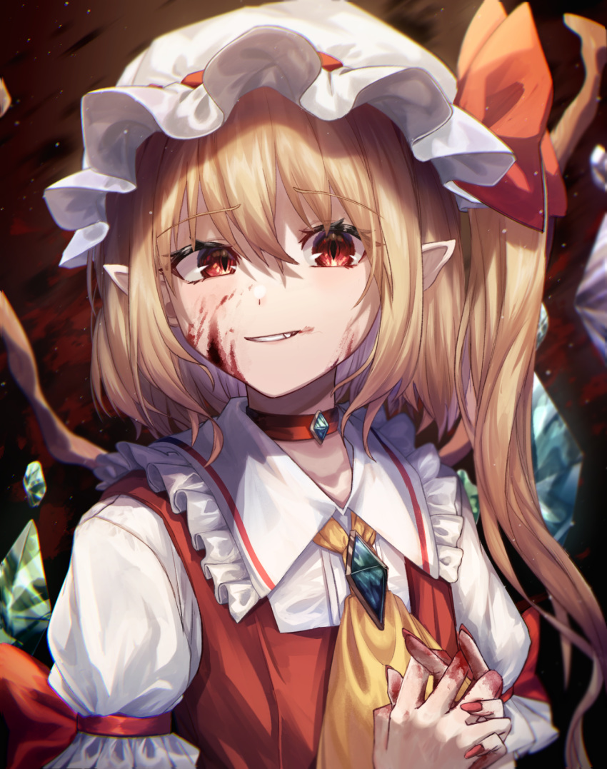 1girl arms_up blonde_hair blood blood_on_face bloody_hands brooch choker cravat eyebrows_visible_through_hair fang fingernails flandre_scarlet frilled_shirt_collar frills gradient gradient_background grin hair_between_eyes hands_together hat highres interlocked_fingers jewelry light_particles looking_at_viewer mob_cap mozuno_(mozya_7) one_side_up pointy_ears puffy_short_sleeves puffy_sleeves red_background red_choker red_eyes red_nails red_vest sharp_fingernails shirt short_hair short_sleeves slit_pupils smile solo standing touhou uneven_eyes upper_body vest white_headwear white_shirt wings yellow_neckwear