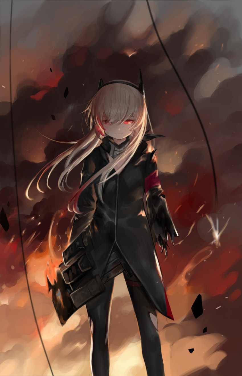 1girl amputee armband bangs black_hairband black_jacket black_legwear blonde_hair blush closed_mouth commentary_request dirty dirty_face dokomon eyebrows_visible_through_hair floating_hair girls_frontline hair_between_eyes hairband highres jacket korean_commentary long_hair looking_at_viewer m4_sopmod_ii_(girls_frontline) multicolored_hair red_eyes redhead smile smoke solo standing streaked_hair torn_clothes torn_jacket torn_legwear