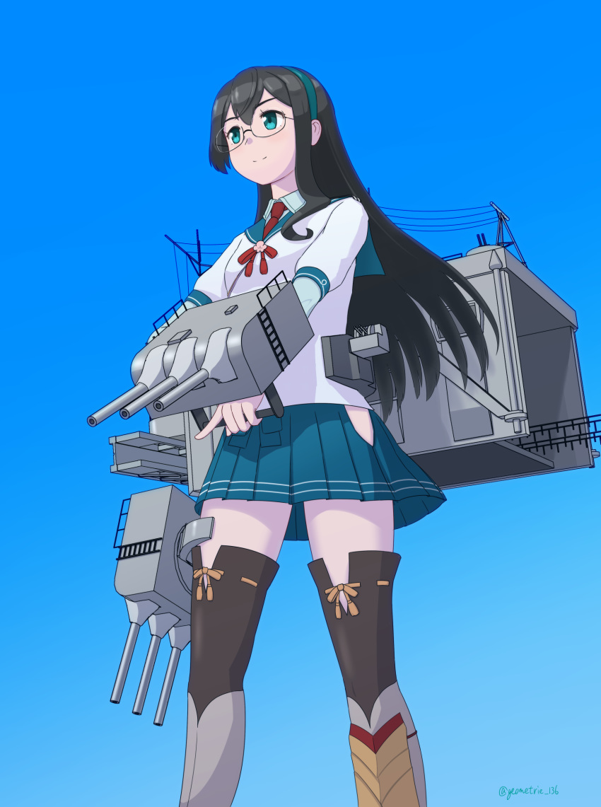 1girl black_hair blue_hairband blue_skirt cannon feet_out_of_frame geometrie glasses green_eyes hairband highres hip_vent holding_turret kantai_collection long_hair necktie ooyodo_(kantai_collection) pleated_skirt radio_antenna red_neckwear school_uniform serafuku skirt smile solo thigh-highs turret twitter_username