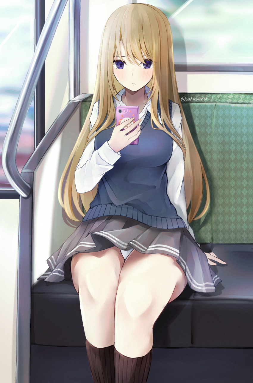 1girl absurdres bangs black_legwear black_skirt blonde_hair blue_sweater_vest breasts cellphone closed_mouth collared_shirt commentary_request ground_vehicle highres holding holding_phone legs_together long_hair medium_breasts original panties pantyshot phone pleated_skirt school_uniform shirt sitting skirt smartphone smartphone_case sukuemon sweater_vest thighs train train_interior twitter_username underwear violet_eyes white_panties white_shirt window