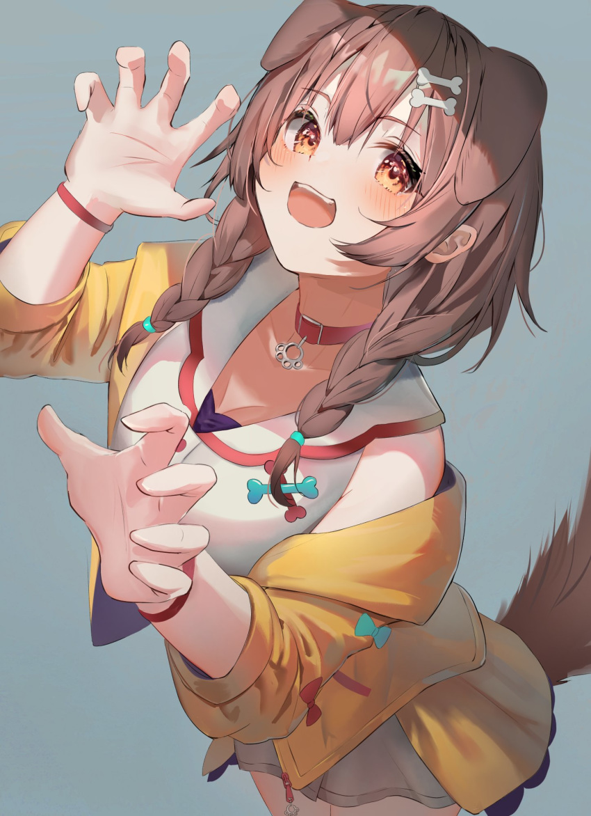 1girl :d animal_ears blush bone_hair_ornament braid brown_eyes brown_hair choker claw_pose dog_ears dog_girl grey_background highres hololive inugami_korone jacket kinoruru_toiro looking_at_viewer low_twin_braids open_mouth simple_background smile solo twin_braids virtual_youtuber wristband yellow_jacket