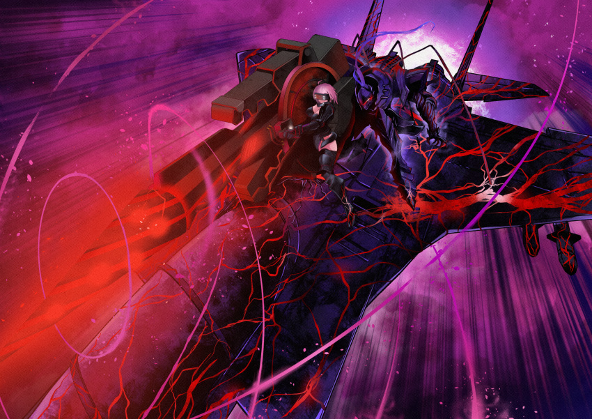 1boy 1girl aircraft airplane armor armored_leotard berserker_(fate/zero) black_armor breasts fate/grand_order fate/zero fate_(series) fighter_jet full_armor head_mounted_display highres jet kawabata_yoshiro large_breasts lavender_hair mash_kyrielight military military_vehicle ortenaus short_hair weapon