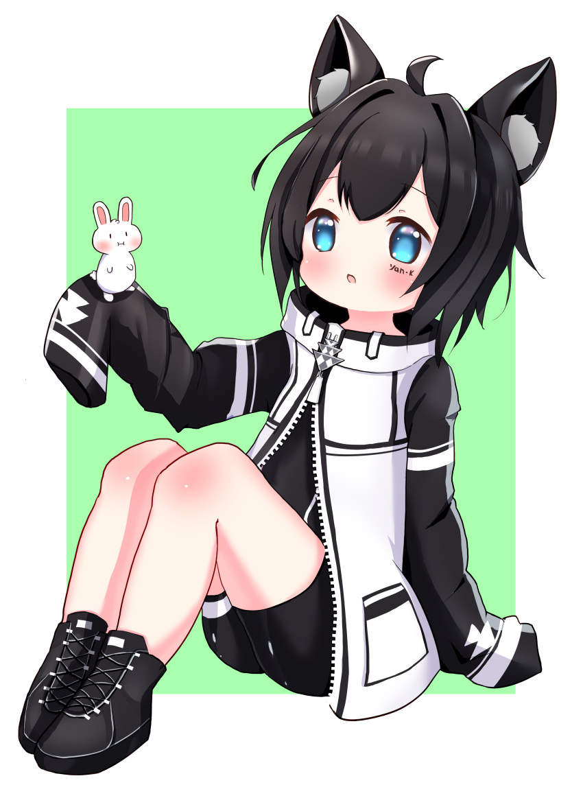 1girl absurdres ahoge animal animal_ear_fluff animal_ears bangs bike_shorts black_footwear black_hair black_shorts blue_eyes blush boots eyebrows_visible_through_hair green_background hair_intakes highres jacket knees_up long_sleeves open_clothes open_jacket original parted_lips rabbit shiro_hakuchou short_shorts shorts sitting sleeves_past_fingers sleeves_past_wrists solo two-tone_background white_background white_jacket
