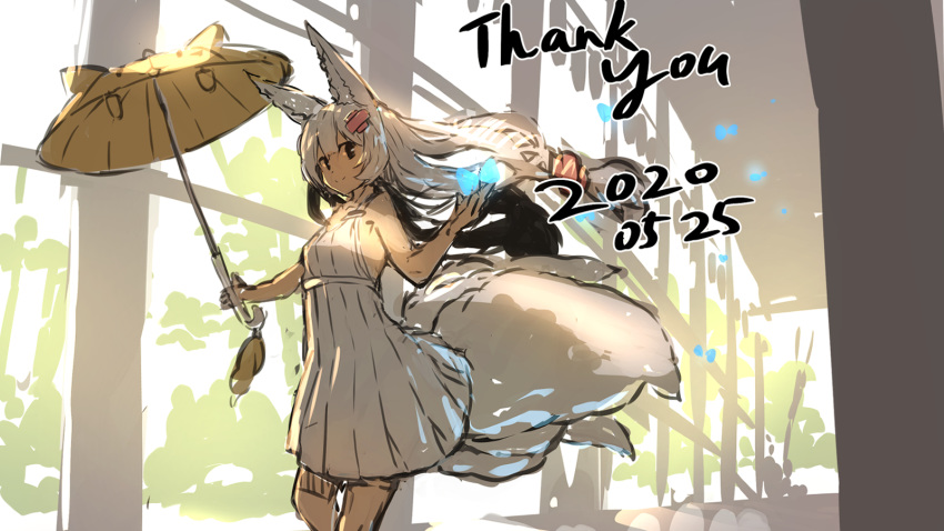 1girl animal_ear_fluff animal_ears bare_arms bare_shoulders breasts closed_mouth commentary_request dated dress floating_hair fox_ears fox_girl fox_tail highres holding holding_umbrella kitsune long_hair original sketch sleeveless sleeveless_dress small_breasts smile solo standing tail thank_you umbrella very_long_hair white_hair yellow_umbrella yuuji_(yukimimi)