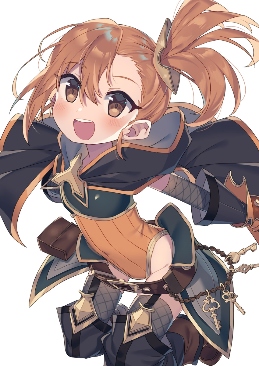 1girl :d bangs black_cape black_gloves black_legwear blush brown_eyes brown_hair brown_leotard cape commentary_request covered_navel eyebrows_visible_through_hair garter_straps gloves groin hair_between_eyes hair_ornament highres hood hood_down hooded_cape key leotard looking_at_viewer misogi_(princess_connect!) open_mouth princess_connect! princess_connect!_re:dive ribbed_leotard round_teeth side_ponytail simple_background smile solo teeth thigh-highs upper_teeth wagashi928 white_background