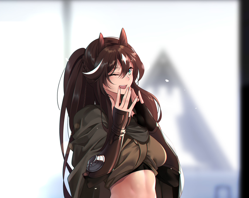 1girl ;d animal_ears arknights bangs breasts brown_hair brown_shirt cape commentary_request crop_top green_eyes grey_cape hair_between_eyes hands_up highres horse_ears indoors long_hair looking_at_viewer medium_breasts meteor_(arknights) midriff one_eye_closed open_mouth shijie_jianfa shirt smile solo upper_body