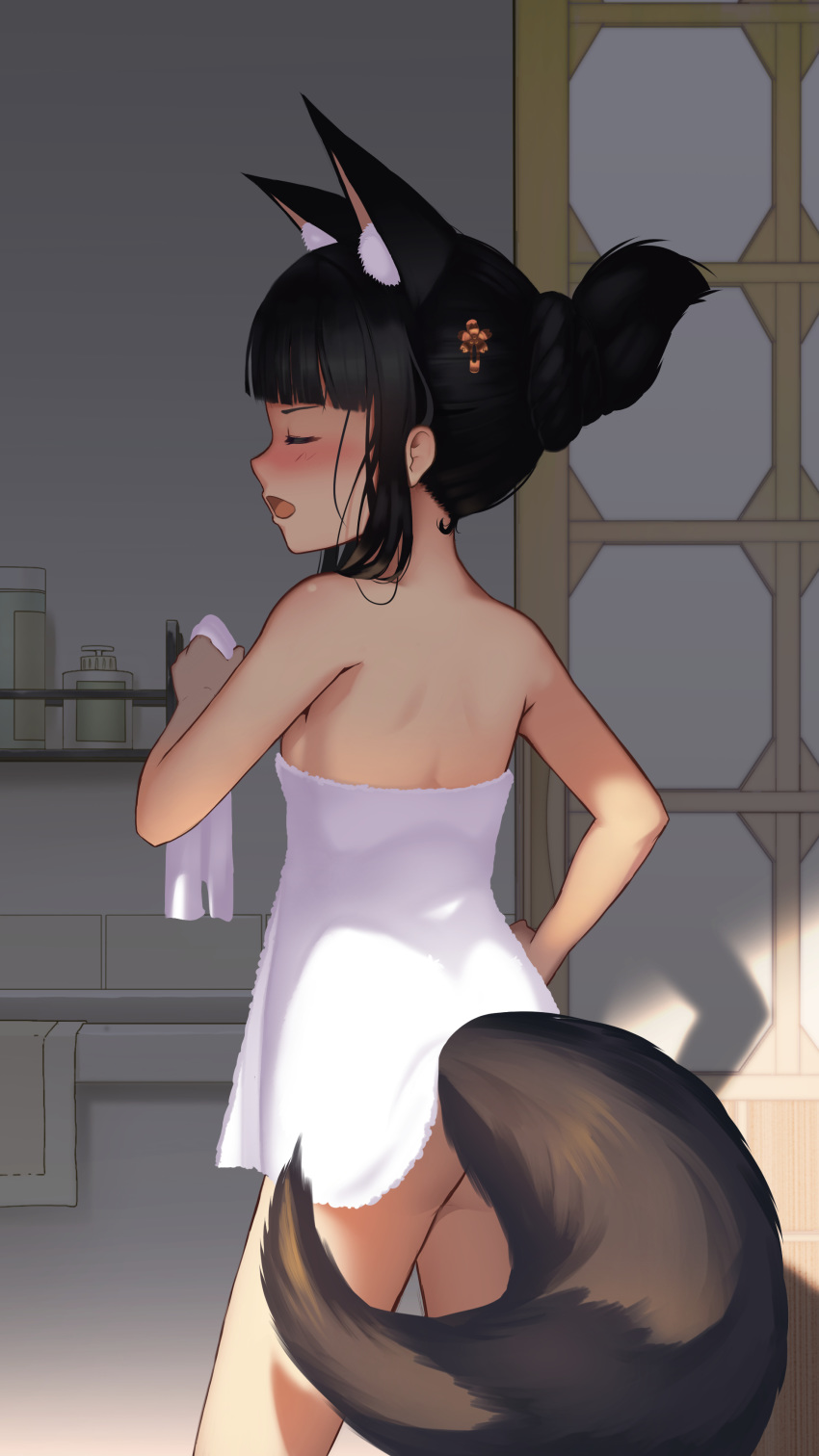 1girl absurdres animal_ear_fluff animal_ears ass azur_lane bare_shoulders black_hair blush breasts closed_eyes commentary_request dalian_(1457091741) fox_ears fox_tail hair_bun hand_on_hip highres long_hair nagato_(azur_lane) naked_towel open_mouth small_breasts solo tail towel white_towel
