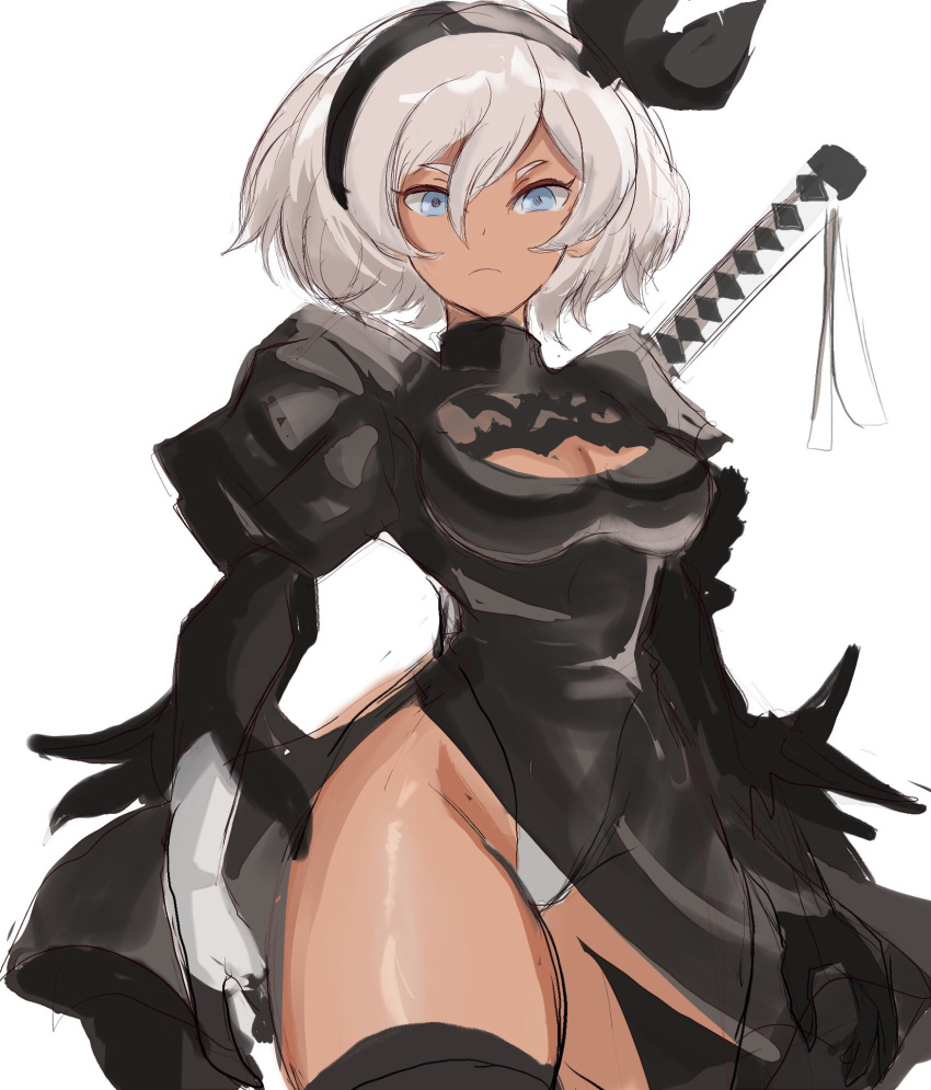 black_headband black_legwear blue_eyes boots cosplay dark_skin dress expressionless headband highres juliet_sleeves katana leotard long_sleeves looking_at_viewer nier_(series) nier_automata pokemon pokemon_(game) puffy_sleeves rakeem_garcia-cueto saitou_(pokemon) simple_background sketch sword thigh-highs thigh_boots thighs weapon weapon_on_back white_background white_hair white_leotard white_sleeves yorha_no._2_type_b yorha_no._2_type_b_(cosplay)