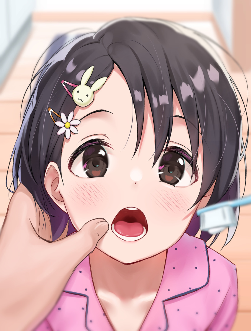 1girl absurdres bangs blurry blurry_background blush brown_hair brushing_another's_teeth brushing_teeth bunny_hair_ornament commentary flower from_above hair_between_eyes hair_flower hair_ornament hair_strand hairclip hand_on_another's_face highres holding_toothbrush idolmaster idolmaster_cinderella_girls looking_at_viewer looking_up open_mouth pajamas parted_bangs pink_pajamas portrait pov pov_hands raised_eyebrows sasaki_chie short_hair solo_focus teeth tongue toothpaste tsunenorip