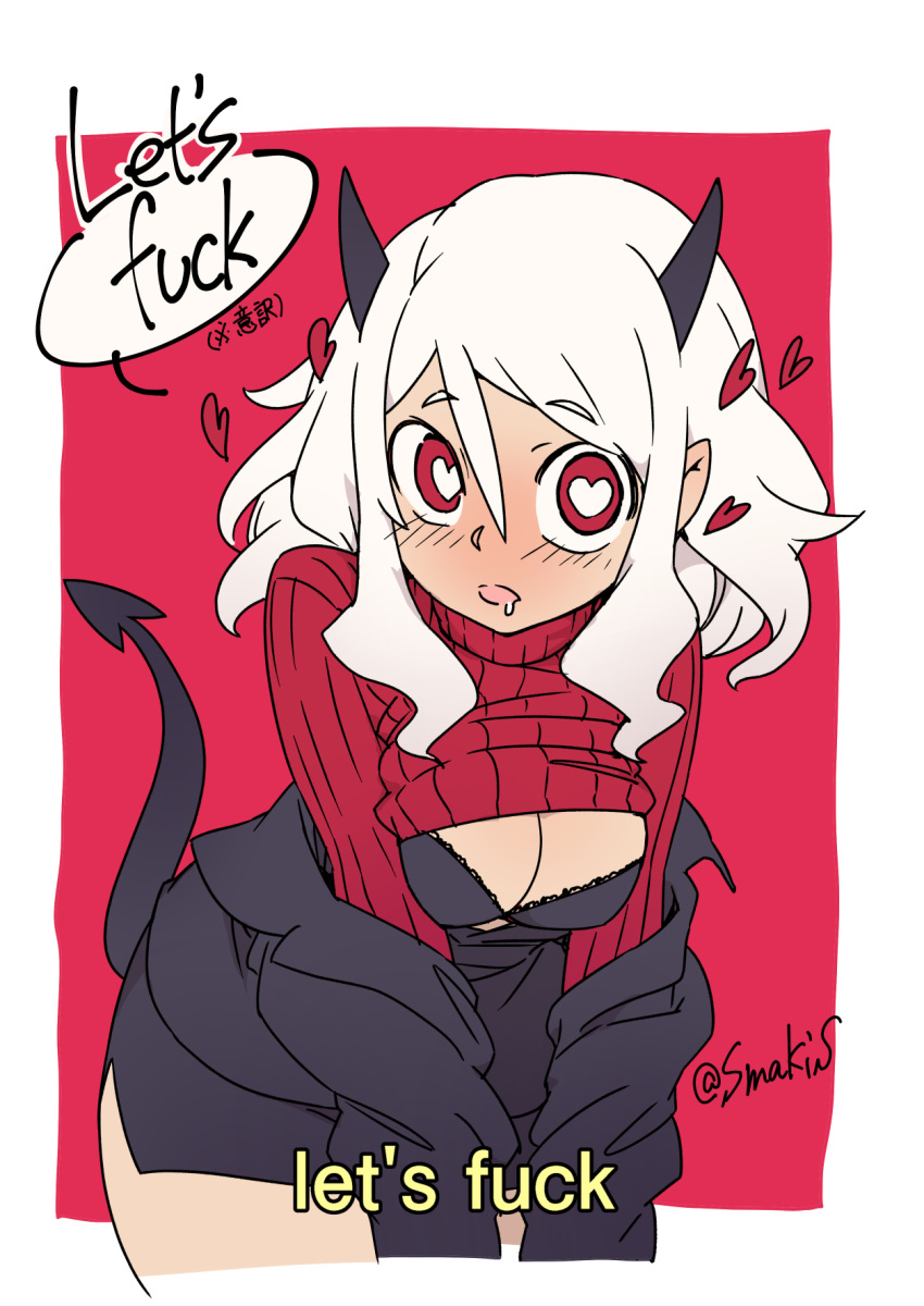 1girl black_suit blush bra breasts demon_girl demon_horns demon_tail english_text heart heart-shaped_pupils helltaker highres horns long_sleeves looking_at_viewer modeus_(helltaker) red_eyes red_sweater saliva short_hair simple_background skirt solo speech_bubble sumaki_shungo sweater symbol-shaped_pupils tail turtleneck underwear undressing white_hair