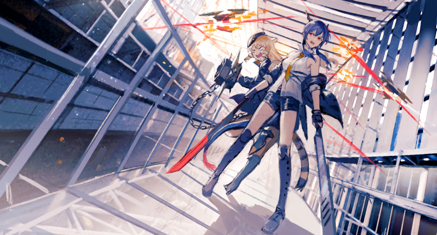 2girls animal_ears arknights beret black_footwear black_gloves black_headwear black_jacket black_shorts blank_eyes blonde_hair blue_hair boots breasts ch'en_(arknights) chain collared_shirt commentary dragon_horns dress_shirt drill_hair drone dual_wielding dutch_angle english_commentary explosion fingerless_gloves full_body gloves hat highres holding horns jacket knee_pads kupikuuu long_hair looking_at_another medium_breasts medium_hair multiple_girls necktie off_shoulder open_clothes open_jacket open_mouth outdoors red_eyes shadow shin_guards shirt short_shorts shorts side_drill sleeveless sleeveless_shirt spikes standing swire_(arknights) sword tail thighs tiger_ears tiger_tail twin_drills weapon white_shirt yellow_neckwear