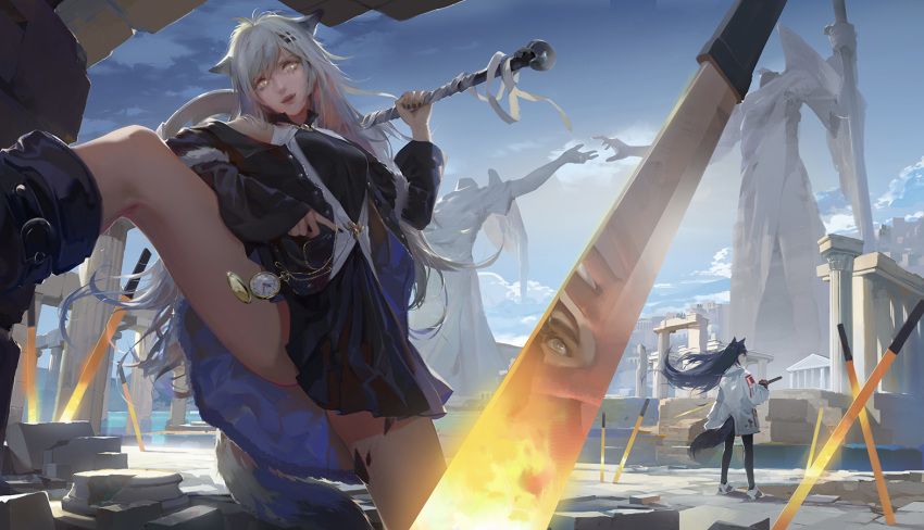 2girls a-m-one animal_ears arknights axe bangs battle_axe black_footwear black_hair black_jacket black_nails black_skirt boots breasts chinese_commentary coat commentary_request day floating_hair grey_hair hair_ornament hairclip holding holding_axe holding_sword holding_weapon jacket knee_boots lappland_(arknights) long_hair long_sleeves looking_at_viewer multiple_girls open_mouth outdoors planted_sword planted_weapon pocket_watch reflection ruins skirt slit_pupils smile statue sword tail texas_(arknights) very_long_hair watch weapon white_coat