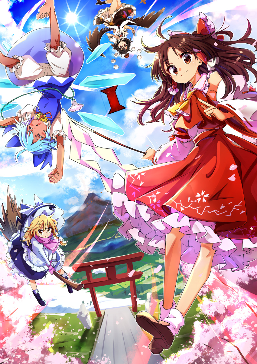 4girls absurdres ahoge apron ascot baba_(baba_seimaijo) barefoot bird_wings black_footwear black_hair black_skirt black_wings blonde_hair bloomers blue_bow blue_dress blue_hair blue_sky bobby_socks boots bow braid broom broom_riding brown_eyes brown_hair camera cirno closed_eyes clouds collared_shirt commentary_request detached_sleeves dress floral_print flower flying frilled_apron frilled_bow frilled_shirt_collar frilled_skirt frills geta gloves gohei hair_bow hair_tubes hakurei_reimu hat hat_bow hidden_star_in_four_seasons highres huge_filesize ice ice_wings juliet_sleeves kirisame_marisa loafers long_hair long_sleeves looking_at_viewer medium_skirt miniskirt multiple_girls nontraditional_miko pink_gloves pink_scarf plant pointy_ears pom_pom_(clothes) print_skirt puffy_short_sleeves puffy_sleeves red_bow red_shirt red_skirt ribbon-trimmed_sleeves ribbon_trim scarf shameimaru_aya shirt shoes short_sleeves side_braid sidelocks single_braid skirt sky sleeveless sleeveless_shirt socks sun sunflower tan tanned_cirno tengu-geta thighs tokin_hat torii touhou underwear vines waist_apron white_bow white_legwear white_shirt wings witch_hat yellow_eyes yellow_neckwear