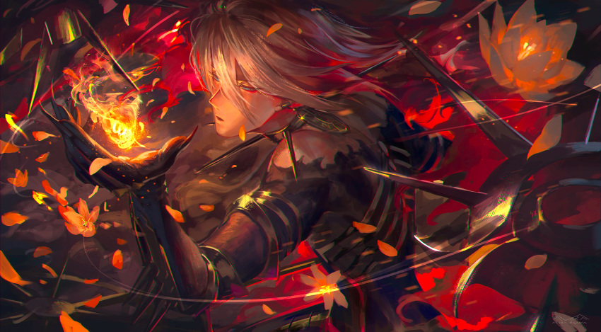 1boy armor bangs bare_shoulders blue_eyes cape collar dynamic_pose earrings egawa_akira eyebrows_visible_through_hair fate/apocrypha fate/extella fate/extra fate/extra_ccc fate/grand_order fate_(series) fighting_stance fire floral_background flower fur_collar gloves hair_between_eyes highres holding jewelry karna_(fate) long_sleeves male_focus medium_hair pale_skin red_nails solo upper_body weapon white_hair