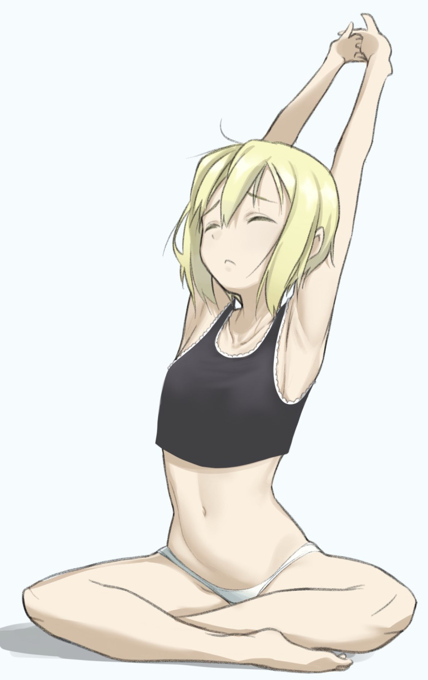 1girl armpits arms_up bare_shoulders black_shirt blonde_hair breasts closed_eyes closed_mouth collarbone crossed_legs erica_hartmann fankupl highres navel panties shadow shiny shiny_hair shirt short_hair simple_background sitting small_breasts solo stretch strike_witches underwear white_background white_panties world_witches_series