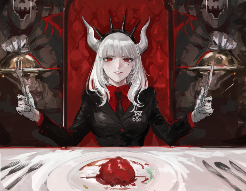 1girl 2others bangs breasts chair crown fork formal grin heart_(organ) helltaker highres holding horns knife long_hair looking_at_viewer lucifer_(helltaker) mole mole_under_eye multiple_others necktie osakana_(denpa_yun'yun) plate red_eyes smile spoon suit white_background