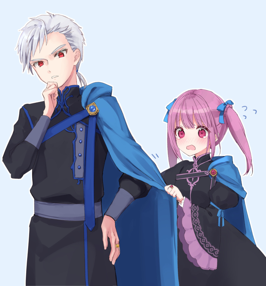 1boy 1girl bangs black_dress black_jacket blue_background blue_bow blue_cape blush bow cape character_request commentary_request dress eyebrows_visible_through_hair flying_sweatdrops hair_bow hannelole_(honzuki_no_gekokuji) highres honzuki_no_gekokujou jacket jewelry juliet_sleeves long_sleeves nose_blush open_mouth outline parted_lips pink_hair puffy_sleeves red_eyes rimo ring silver_hair sleeves_past_wrists tears twintails v-shaped_eyebrows white_outline wide_sleeves