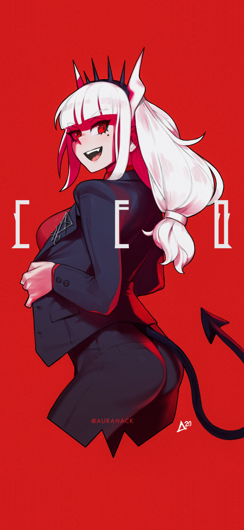 1girl absurdres alcohol arm_under_breasts ass aurahack back black_jacket black_pants black_tail breasts business_suit collared_shirt demon_girl demon_horns demon_tail fangs formal gloves hair_ornament helltaker highres horns huge_breasts jacket large_breasts long_hair looking_back low-tied_long_hair lucifer_(helltaker) mole mole_under_eye open_clothes open_mouth pants red_background red_eyes red_shirt removing_jacket sharp_teeth shirt simple_background solo suit tail teeth tight tight_pants undressing white_gloves white_hair white_horns