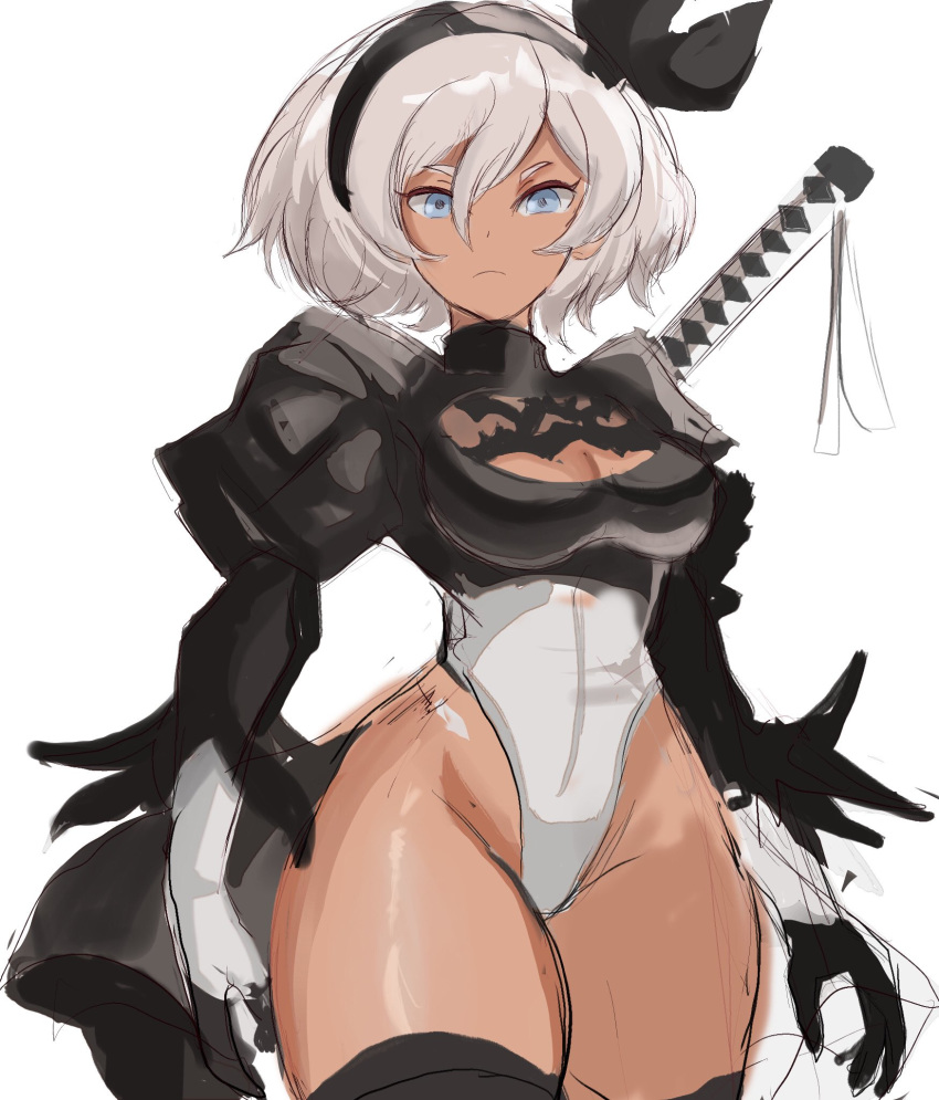 1girl black_headband black_legwear blue_eyes boots cosplay dark_skin expressionless headband highres juliet_sleeves katana leotard long_sleeves looking_at_viewer nier_(series) nier_automata pokemon pokemon_(game) puffy_sleeves rakeem_garcia-cueto saitou_(pokemon) simple_background sketch sword thigh-highs thigh_boots thighs weapon weapon_on_back white_background white_hair white_leotard white_sleeves yorha_no._2_type_b yorha_no._2_type_b_(cosplay)