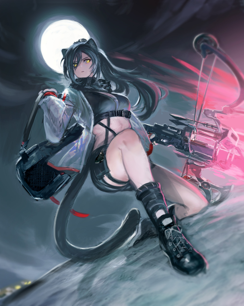 1girl absurdres animal_ears arknights aura bag black_footwear black_scarf black_shorts boots bow_(weapon) breasts cat_ears cat_tail commentary crop_top cross-laced_footwear crossbow dutch_angle full_moon hair_between_eyes highres jacket kneeling kupikuuu long_hair looking_to_the_side medium_breasts midriff moon night one_knee open_clothes open_jacket outdoors ponytail scarf schwarz_(arknights) short_shorts shorts shoulder_bag silver_hair solo strap tail weapon white_jacket yellow_eyes