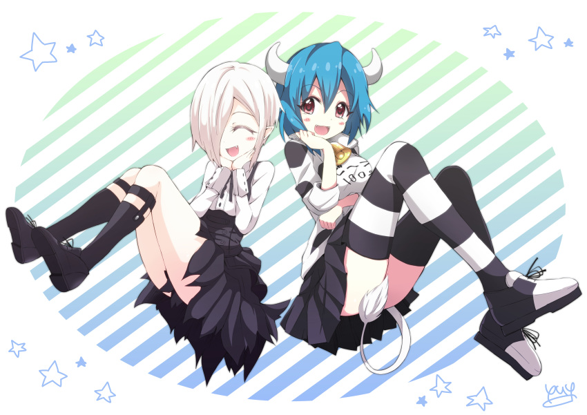 2girls :d absurdres animal_print arm_under_breasts bell bell_collar black_footwear black_legwear blue_hair blush breasts closed_eyes clothes_writing collar cow_girl cow_horns cow_print eyebrows_visible_through_hair fang fangs flat_chest full_body hair_between_eyes hair_over_one_eye halftone hands_on_own_chin highres horns impossible_clothes impossible_shirt jacket jashin-chan_dropkick kneehighs large_breasts long_sleeves looking_at_viewer minos_(jashin-chan_dropkick) multiple_girls open_mouth persephone_ii pleated_skirt pointy_ears print_jacket red_eyes shirt signature skirt sleeves_rolled_up smile suspender_skirt suspenders thigh-highs white_hair white_shirt yyuki317