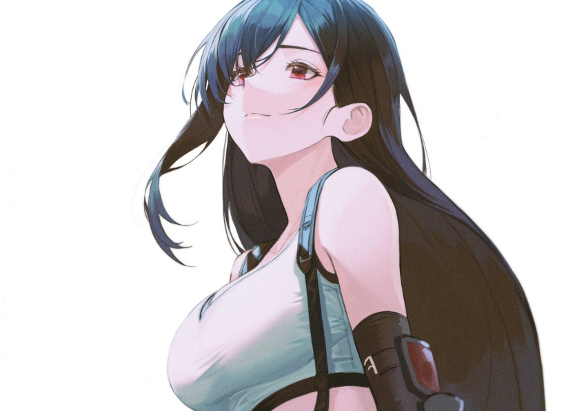 1girl bangs bare_shoulders black_hair breasts brown_eyes closed_mouth elbow_gloves elbow_pads final_fantasy final_fantasy_vii final_fantasy_vii_remake from_below gloves large_breasts long_hair low-tied_long_hair midriff pro-p shirt skirt smile suspender_skirt suspenders swept_bangs tank_top taut_clothes taut_shirt tifa_lockhart very_long_hair white_tank_top