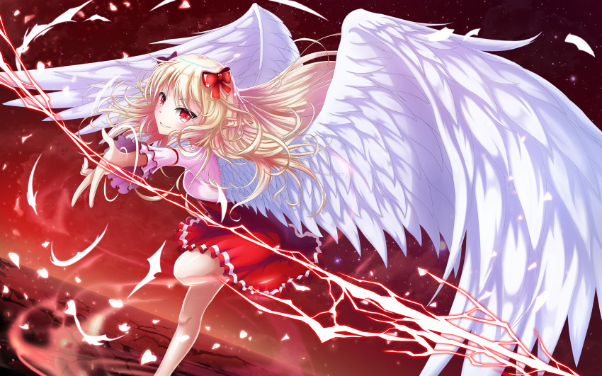 1girl absurdres angel_wings bare_legs blonde_hair bow character_request eyebrows_visible_through_hair feathered_wings hair_bow highres leg_up lightning long_hair muzent night night_sky outstretched_arm outstretched_hand pointy_ears red_background red_eyes red_skirt skirt sky solo standing standing_on_one_leg star_(sky) touhou white_wings wings