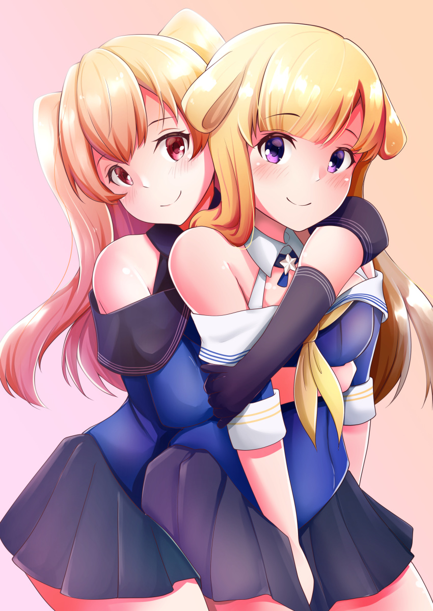 2girls absurdres black_gloves black_sailor_collar black_skirt blonde_hair blue_shirt breasts brown_eyes cowboy_shot double_bun elbow_gloves eyebrows_visible_through_hair fletcher_(kantai_collection) gloves highres hug hug_from_behind johnston_(kantai_collection) kantai_collection large_breasts light_brown_hair long_hair looking_at_viewer multiple_girls neckerchief off_shoulder pink_background pleated_skirt sailor_collar school_uniform serafuku shirt simple_background skirt smile tonbury two_side_up violet_eyes white_sailor_collar yellow_neckwear