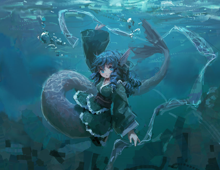 1girl arm_up bangs blue_eyes blue_hair drill_hair drill_locks frilled_kimono frills full_body green_kimono head_fins highres japanese_clothes kimono long_sleeves mermaid monster_girl obi parted_lips reddizen sash shawl solo submerged swimming touhou underwater wakasagihime water wide_sleeves