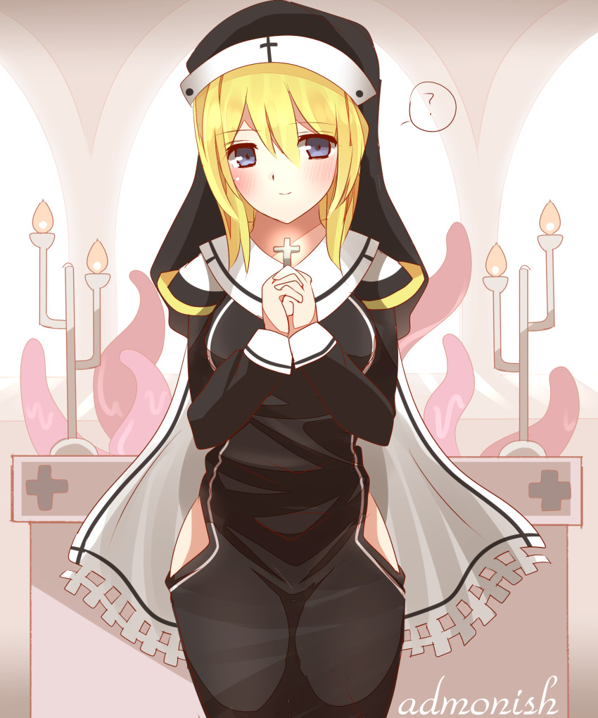 1girl ? absurdres bangs black_dress blonde_hair blush breasts candlestand closed_mouth dress english_text eyebrows_visible_through_hair fire grey_eyes habit hair_between_eyes hands_clasped hands_up highres indoors latin_cross long_hair long_sleeves looking_at_viewer medium_breasts non_(wednesday-classic) nun original own_hands_together sleeves_past_wrists smile solo spoken_question_mark tentacles