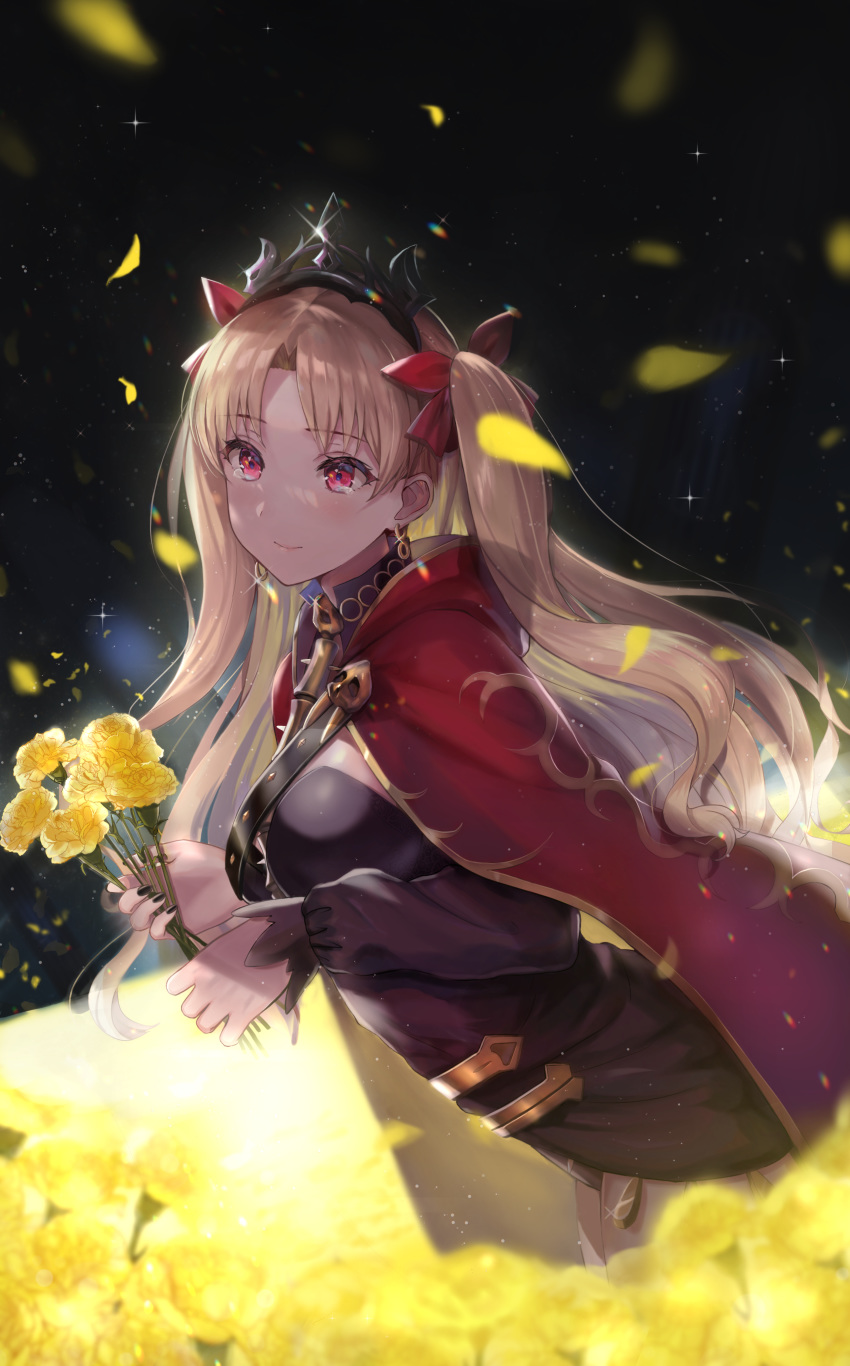 1girl absurdres asymmetrical_sleeves bangs between_breasts black_background blonde_hair blush breasts cape detached_collar earrings ereshkigal_(fate/grand_order) fate/grand_order fate_(series) field flower flower_field gold_trim highres infinity jewelry long_hair looking_at_viewer medium_breasts multicolored multicolored_cape multicolored_clothes necklace parted_bangs petals red_cape red_eyes revision sakamuke single_sleeve skull smile spine tiara two_side_up yellow_cape