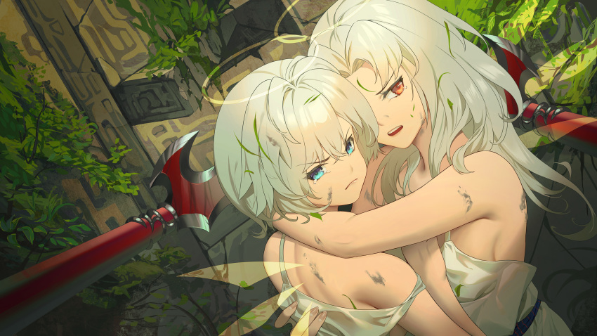 2girls against_glass angel bangs bare_shoulders blue_eyes breasts closed_mouth day detached_wings dirty dirty_face dress dutch_angle fantasy fingernails frown grass halo hand_on_another's_back hand_on_another's_chest highres hug lance long_hair looking_at_viewer multiple_girls one_eye_covered open_mouth original plant polearm red_eyes sash short_hair sideboob sleeveless sleeveless_dress tears transparent_wings upper_body wall wangxiii weapon white_dress white_hair wince wings