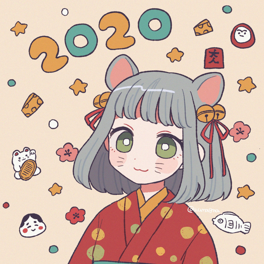 1girl 2020 :3 animal_ears bangs bell bright_pupils cheese chinese_zodiac closed_mouth food green_eyes grey_hair hair_bell hair_ornament highres japanese_clothes jingle_bell kimono mouse_ears nokanok original short_hair solo star twitter_username upper_body whisker_markings white_pupils year_of_the_rat