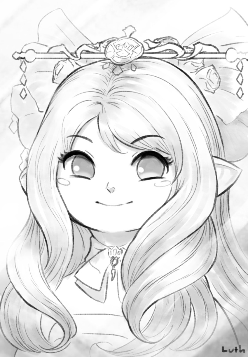 1girl blush closed_mouth commentary commission english_commentary eyebrows_visible_through_hair final_fantasy final_fantasy_xiv greyscale hair_ornament highres lalafell long_hair looking_at_viewer lutherniel monochrome pointy_ears signature simple_background smile solo white_background