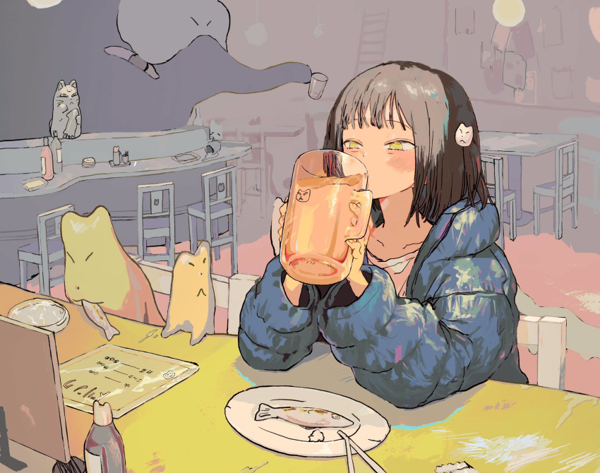 1girl animal blue_jacket blush bottle bowl brown_hair cat cat_hair_ornament chair chopsticks collarbone cup dobunomeme drinking eating elbows_on_table fingernails fish food hair_ornament highres holding holding_animal holding_cup jacket ladder liquid looking_at_another medium_hair menu octopus original paper pet_bowl scratches sitting spill table water yellow_eyes