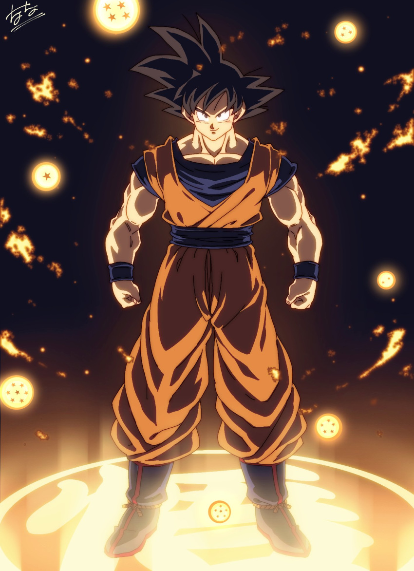 1boy arms_at_sides black_eyes black_hair blue_footwear boots clenched_hands commentary_request dark_background darkness dougi dragon_ball dragon_ball_(object) dragon_ball_z full_body glowing grin highres legs_apart lens_flare light light_particles light_rays looking_at_viewer male_focus orange_theme pectorals shaded_face signature smile son_gokuu spiky_hair standing tasaka_shinnosuke wristband