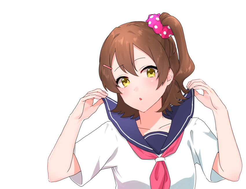 1girl adjusting_clothes blue_sailor_collar blush brown_hair hair_ornament hair_scrunchie highres idolmaster idolmaster_million_live! kasuga_mirai looking_at_viewer one_side_up open_mouth pink_neckwear sailor_collar sailor_shirt school_uniform scrunchie shirt short_hair short_sleeves solo tutimaru0730 upper_body white_shirt yellow_eyes