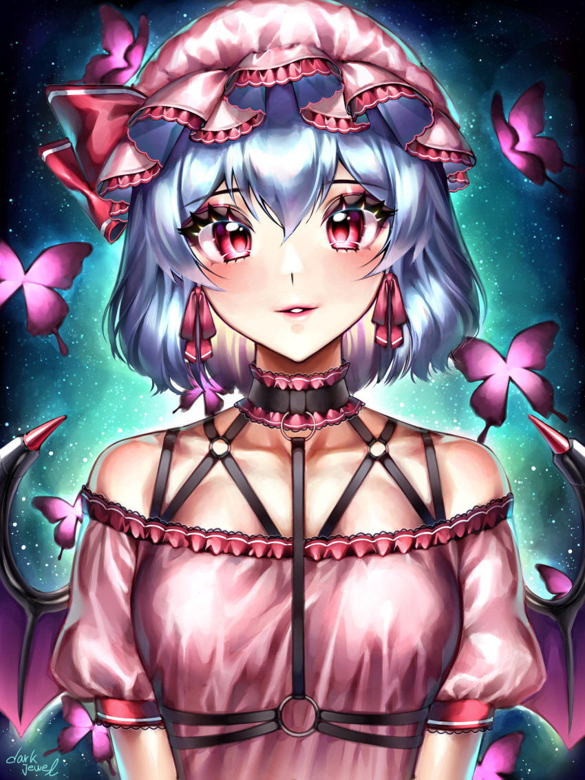 1girl adapted_costume backlighting bat_wings blue_hair breasts bug butterfly choker collarbone commentary dress earrings english_commentary eyebrows_visible_through_hair gem_oblivion hair_between_eyes hat hat_ribbon highres insect jewelry light_blush light_smile looking_at_viewer mob_cap night night_sky parted_lips pink_dress pink_headwear puffy_short_sleeves puffy_sleeves red_eyes remilia_scarlet ribbon short_hair short_sleeves signature sky small_breasts solo star_(sky) starry_sky touhou upper_body wings