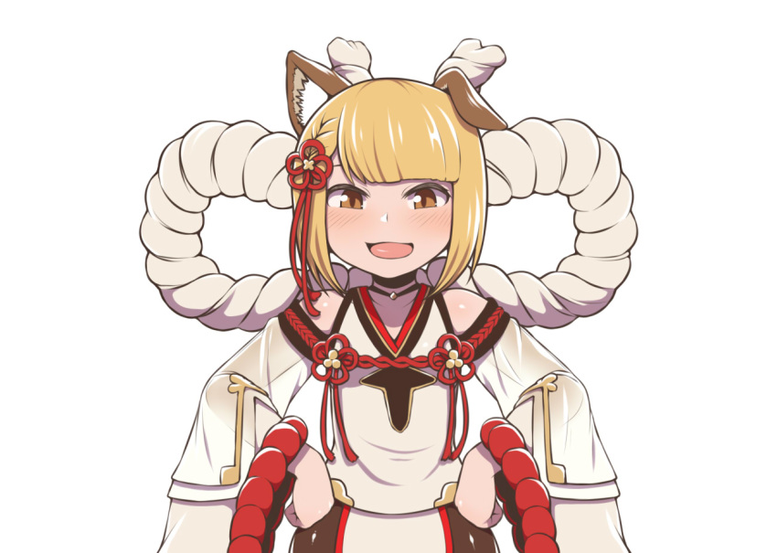 1girl :3 :d animal_ear_fluff animal_ears bangs blunt_bangs blush brown_eyes detached_sleeves ear_down granblue_fantasy hands_on_hips long_sleeves looking_at_viewer open_mouth rantana_(lalalalackluster) red_ribbon ribbon short_hair simple_background smile solo vajra_(granblue_fantasy) white_background wide_sleeves