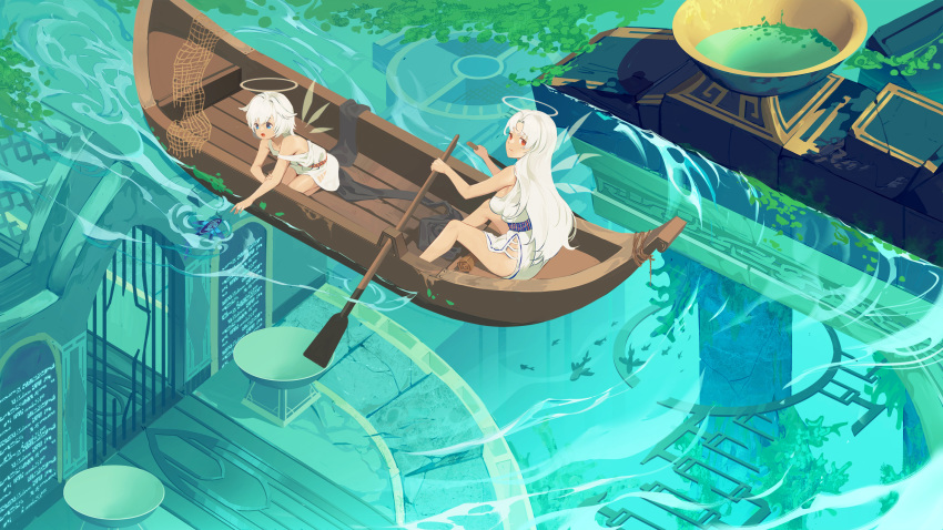 2girls :o angel animal bare_arms bare_shoulders blue_eyes boat bowl breasts day detached_wings dress fantasy fish fishing_net from_above gate hair_flaps halo highres holding leaf long_hair looking_at_viewer looking_away looking_down looking_up medium_breasts multiple_girls oar original outdoors pointing red_eyes ruins sash seiza short_hair side_slit sitting sleeveless sleeveless_dress strap_slip transparent_wings underwater_city wangxiii water watercraft white_dress white_hair wings
