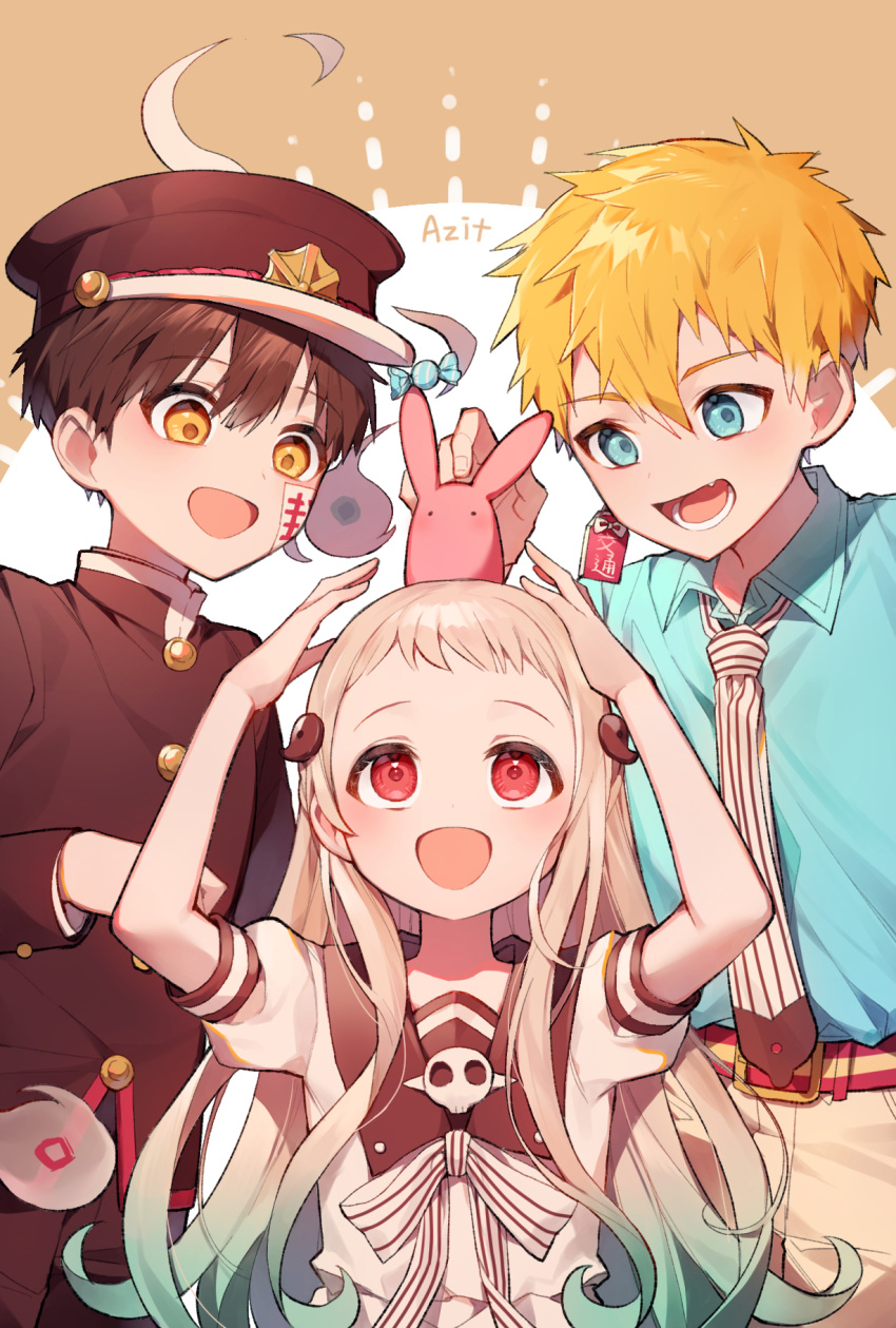 1girl 2boys artist_name azit_(down) bangs blonde_hair blush brown_hair candy eyebrows_visible_through_hair food forehead hair_between_eyes hanako_(jibaku_shounen_hanako-kun) highres jibaku_shounen_hanako-kun long_hair long_sleeves magatama magatama_hair_ornament minamoto_kou multiple_boys open_mouth red_eyes signature smile very_long_hair yashiro_nene yellow_eyes