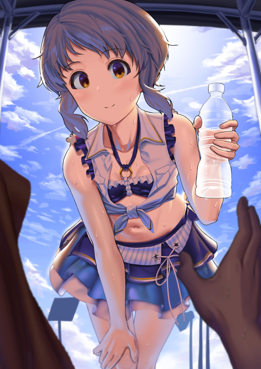 1girl absurdres bikini bikini_top blue_sky blush bottle breasts closed_mouth clouds commentary_request highres idolmaster idolmaster_million_live! idolmaster_million_live!_theater_days leaning_forward light_smile makabe_mizuki midriff navel pov pov_hands purple_hair short_hair skirt sky small_breasts solo_focus surps sweatdrop swimsuit water_bottle yellow_eyes