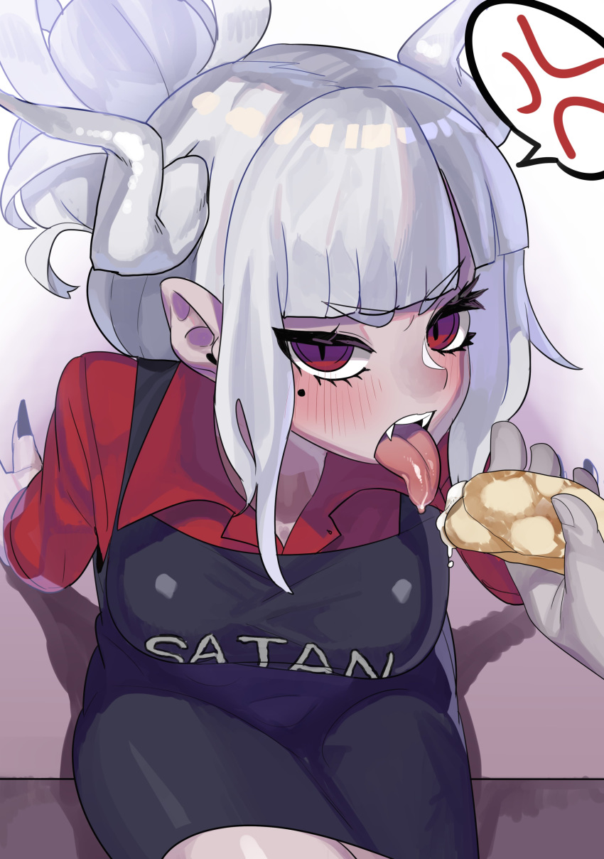 1girl absurdres annoyed apron bangs black_apron blush breasts collared_shirt demon_horns eyebrows_visible_through_hair fang fangs food hair_ornament helltaker highres horns huge_breasts koiso_erika large_breasts long_hair looking_at_viewer lucifer_(helltaker) medium_hair mole mole_under_eye monster_girl red_eyes red_shirt saliva shirt simple_background sitting sleeves_rolled_up tongue tongue_out white_hair white_horns