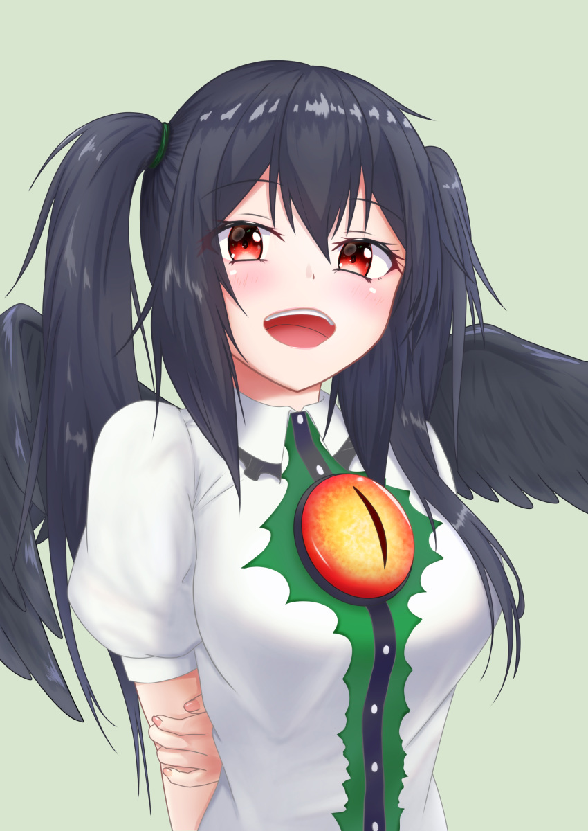1girl absurdres alternate_costume alternate_hairstyle arm_at_side arm_behind_back bird_wings black_hair black_wings blouse blush buttons collared_blouse fingernails hand_on_own_arm highres long_hair looking_at_viewer o1118 open_mouth puffy_short_sleeves puffy_sleeves red_eyes reiuji_utsuho short_sleeves slit_pupils smile solo third_eye touhou twintails upper_body upper_teeth wing_collar wings