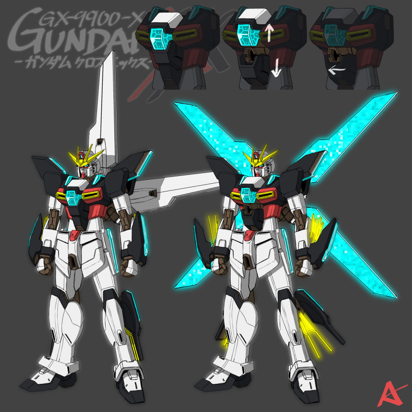 after_war_gundam_x beam_rifle blue_eyes clenched_hand energy_gun glowing glowing_wings grey_background gundam gundam_double_x highres kevinayama mecha mechanical_wings multiple_views no_humans redesign solo v-fin weapon wings