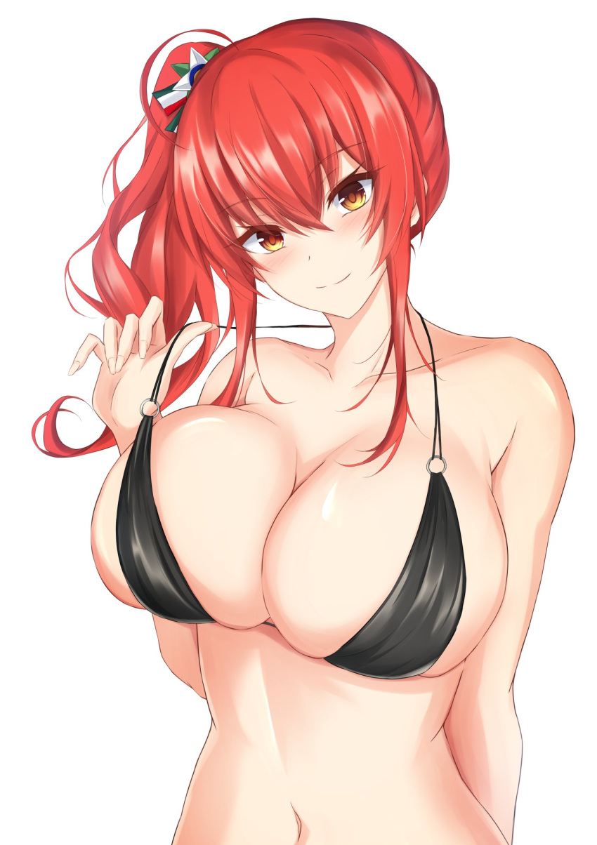 1girl azur_lane bangs bare_arms bare_shoulders bikini black_bikini brown_eyes collarbone commentary eyebrows_visible_through_hair hair_between_eyes hand_up head_tilt highres long_hair navel o-ring o-ring_bikini piro_(prwtrs) redhead side_ponytail sidelocks simple_background solo stomach strap_pull swimsuit upper_body white_background zara_(azur_lane) zara_(poolside_coincidence)_(azur_lane)