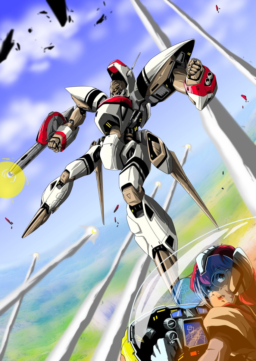 0089tomo 1girl battle choujikuu_seiki_orguss cockpit flying headgear highres maaie mecha missile mlover orguss orguss_(mecha) science_fiction