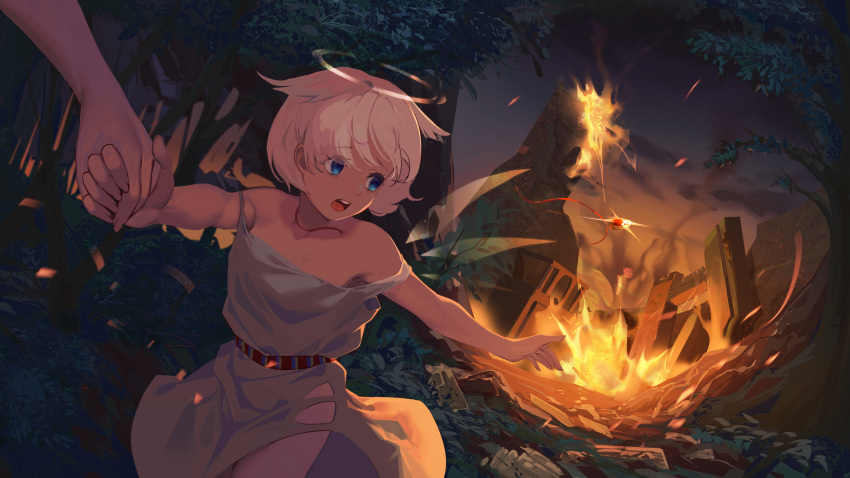 1girl angel bangs bare_arms blue_eyes building burning detached_wings dress dutch_angle fantasy fire fleeing gem hair_flaps halo highres holding_hands jewelry jewelry_removed looking_back necklace necklace_removed night open_mouth original out_of_frame outdoors outstretched_arms running sash short_hair sky sleeveless sleeveless_dress solo_focus strap_gap torn_clothes torn_neckwear transparent_wings tree wangxiii white_dress white_hair wings
